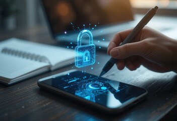 Digital security concept with holographic lock on smartphone screen