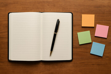 Flat lay of open notebook with black pen and colorful sticky notes on wooden surface for stationery and creative productivity mockup