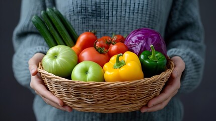 Assortment of fresh, colorful vegetables in a woven basket