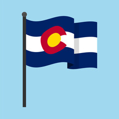 Colorado flag waving on a flagpole against a soft blue backdrop. Vector illustration for editorial, educational, patriotic, or design projects involving U.S. state symbols and Western heritage
