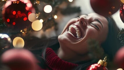 Smiling woman with joyful expression, decorated background of twinkling red and gold baubles on green pine tree. - Powered by Adobe