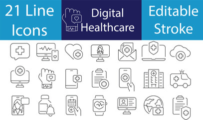 21 Digital healthcare and telemedicine editable stroke outline icons set isolated on white background. flat vector illustration. Editable stroke