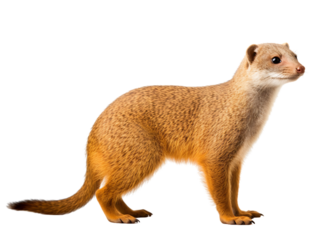 Small mongoose with alert eyes and reddish brown fur standing sideways isolated on transparent background