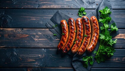 Grilled sausages on dark wooden background with parsley barbecue food meat