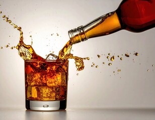 Amber liquid pouring into a rocks glass with ice creating a splash whiskey