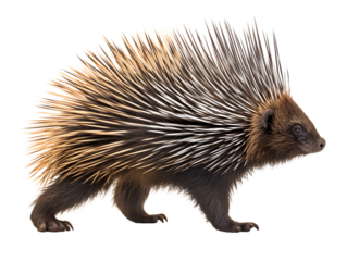 Large porcupine walking with extended defensive quills and dark brown fur isolated on transparent background