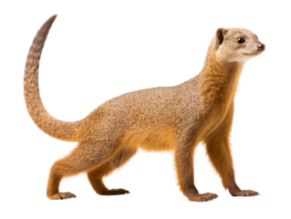 Agile mongoose with upright tail looking ahead with alertness isolated on transparent background