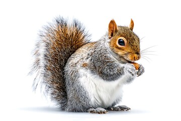 Obraz premium Squirrel poses while holding a nut with a furry tail on a white background, a cute animal portrait with detailed fur and eye.