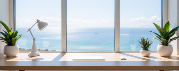 Modern office desk with laptop and lamp by large window overlooking calm ocean under clear sky, creating peaceful and bright workspace