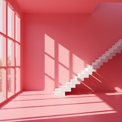 Vibrant pink minimalist room with large window, white staircase and sunlit shadows