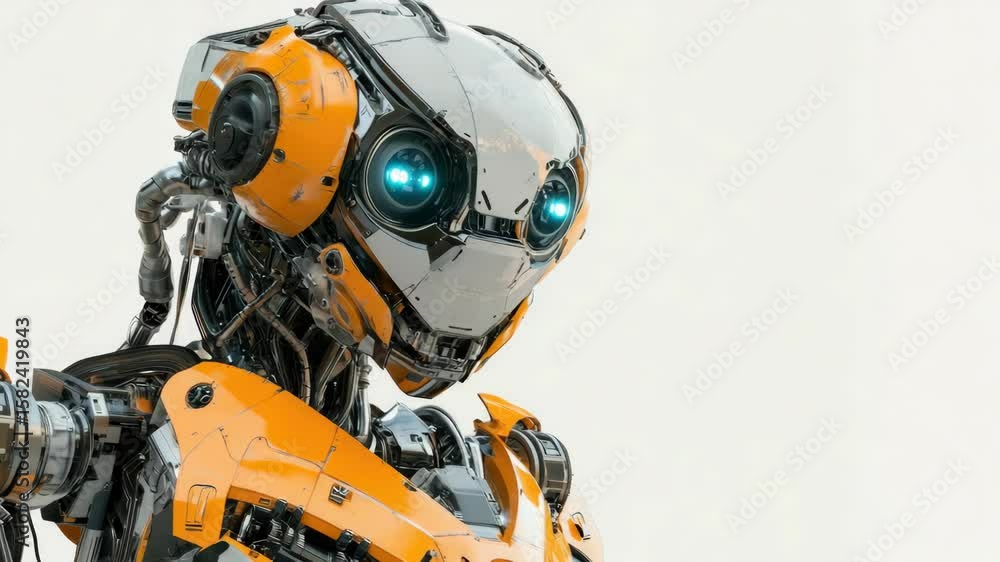 Aufkleber head of a robot with cybernetic eyes and mechanical components, suggesting advanced technology capab