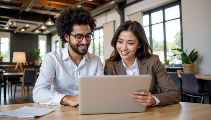 Two young business colleagues smiling while working together on laptop in modern office with natural light