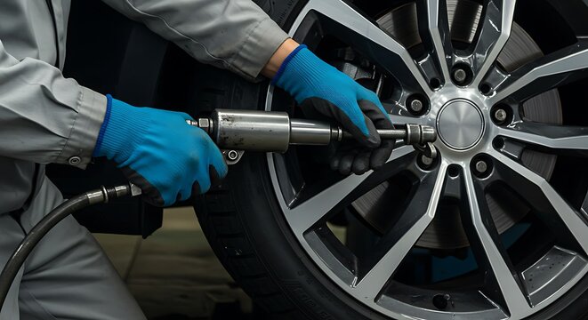 Mechanic using pneumatic wrench on car wheel