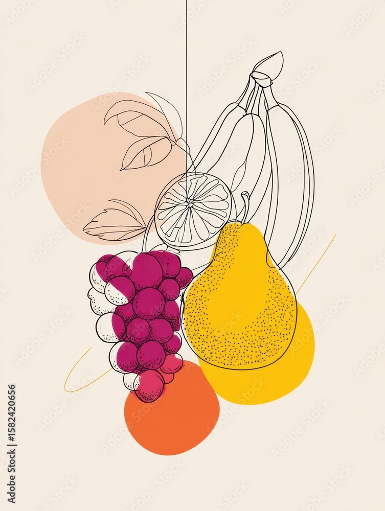 Poster colorful line art featuring assorted fruits with modern design elements in minimal style