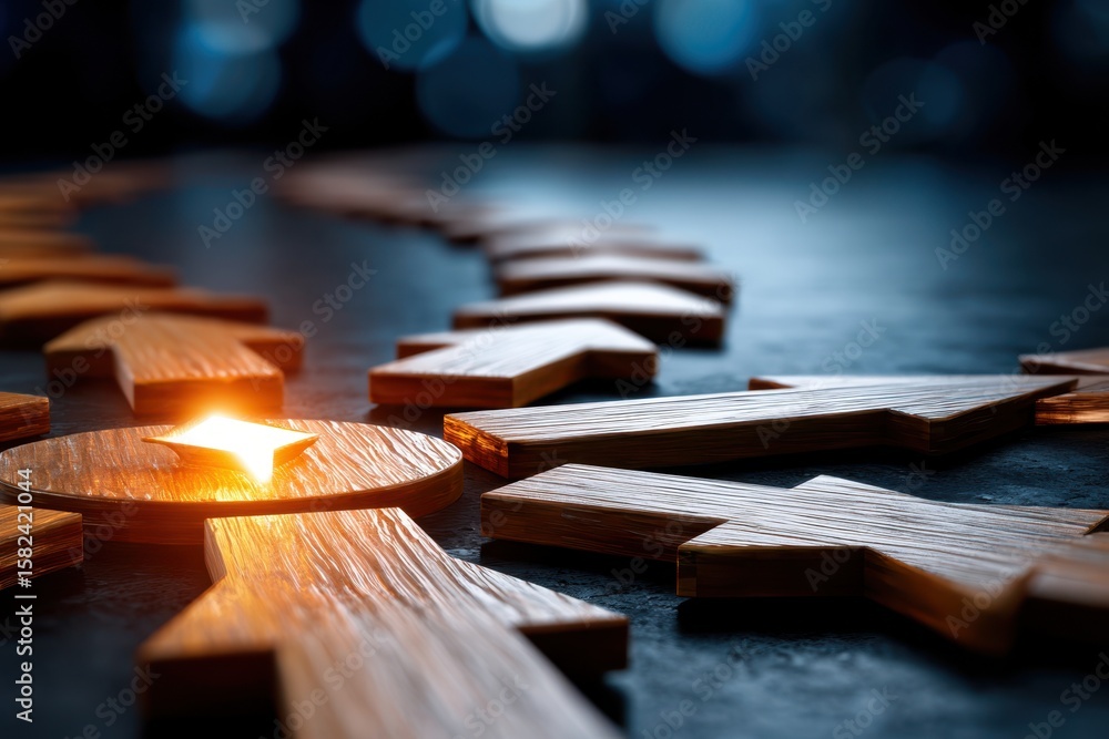 Poster wooden arrows arranged in a circular pattern with glowing center on a dark surface