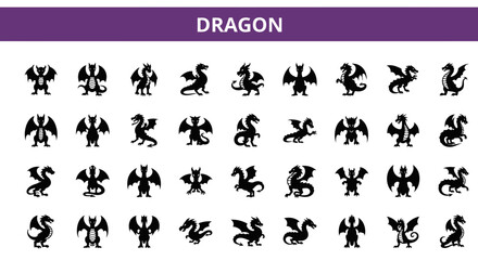 Dragon Silhouette Icons Set: Fantasy, Mythology & Power Symbols