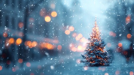 Naklejka premium Festive blurred winter background with snowy Christmas tree and glowing golden bokeh lights for holiday and New Year celebration design