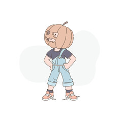 Funny Halloween character with pumpkin head standing confidently in overalls.  Vector illustration.