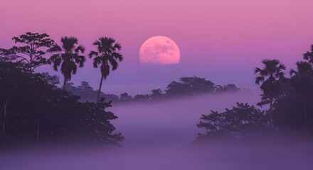Enchanting pink full moon rising over misty tropical forest at twilight, mystic landscape