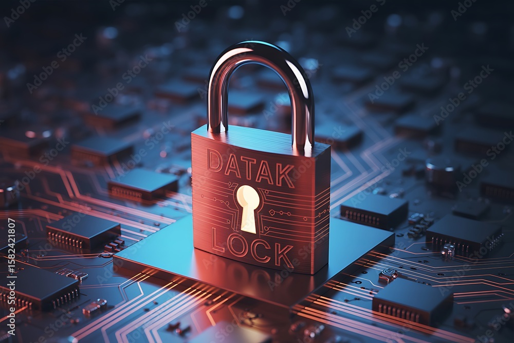 Poster red metallic padlock secured on circuit board with glowing lines and microchips security data