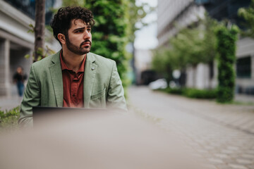 Man seated outdoors wearing green blazer and red shirt, appearing thoughtful in an urban street...