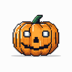 Retro Pixel Art Pumpkin with a Happy Face for Halloween and Autumn Themed Designs and Decorations