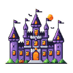 Spooky Pixel Art Castle with Halloween Decorations and Bats in a Whimsical Style
