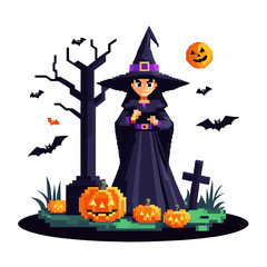 Pixel Art Witch in Halloween Scene with Pumpkins, Bats, and Spooky Tree in Vibrant Colors