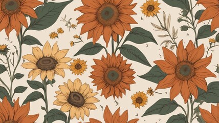 Vintage style floral pattern featuring warm orange and yellow sunflowers with green leaves on a cream background