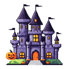 Spooky Pixel Art Haunted Castle with Glowing Windows and Pumpkins for Halloween Festivities

