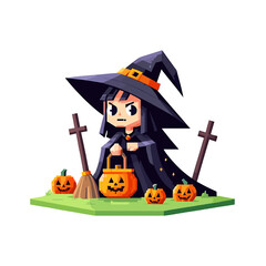 Cute Pixel Art Witch with Pumpkins and Broomstick in Halloween Theme on White Background