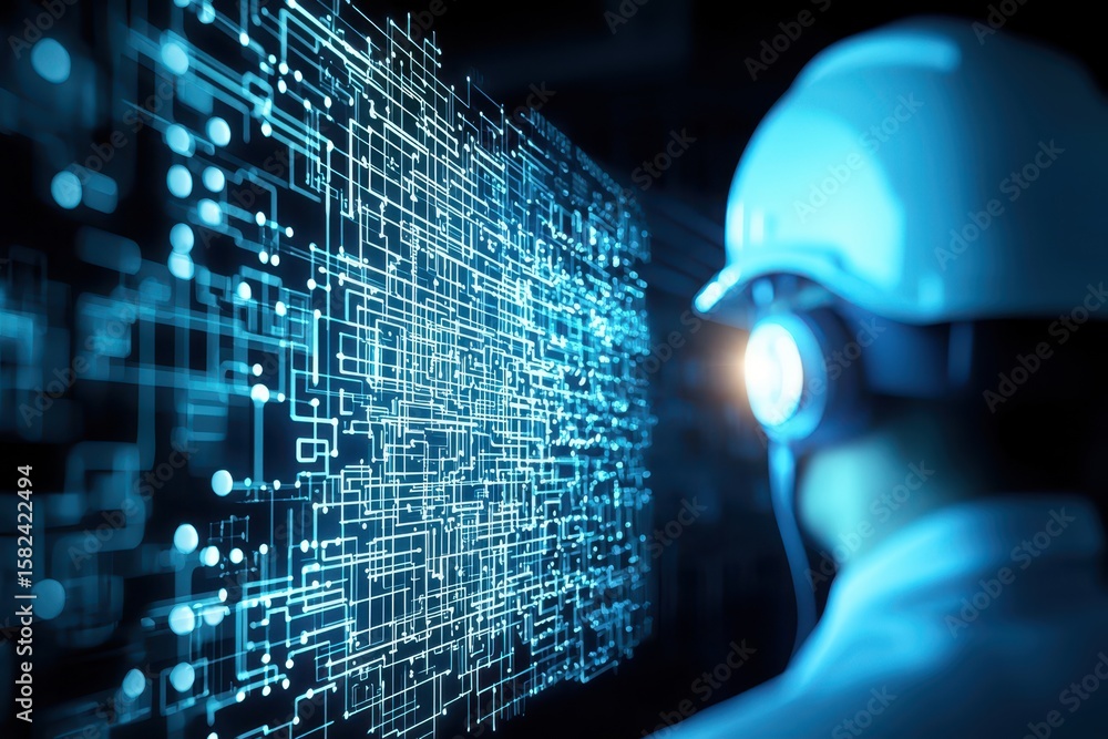 Poster engineer petrochemical factory concept. a worker analyzes digital data with a futuristic interface i