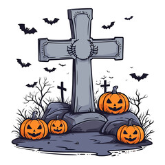 Spooky Halloween Graveyard Scene with Pumpkins, Bats, and Crosses in a Dark, Eerie Atmosphere