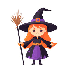 Cute Cartoon Witch with Orange Hair and Broomstick in Purple and Black Outfit on White Background