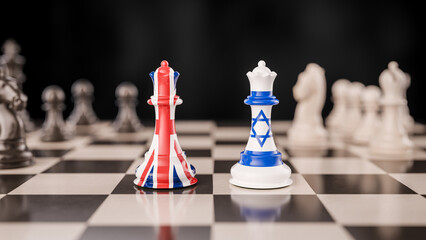 Geopolitical Strategy Concept: the United Kingdom and Israel Represented as Opposing Queens via Their Flags on a Chessboard