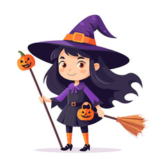 Cute Cartoon Witch with Broom and Pumpkin Accessories in Halloween Costume on White Background