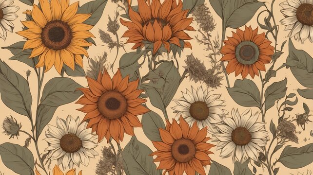 Vintage botanical illustration of sunflowers and foliage in warm autumnal colors on a cream background