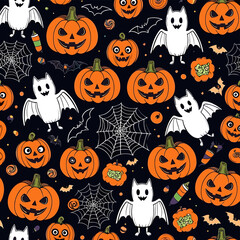 Festive Halloween Pattern with Pumpkins, Ghosts, Bats, and Candy on a Dark Background for Seasonal Celebrations