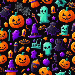 Colorful Halloween Pattern with Pumpkins, Ghosts, and Spooky Elements on a Dark Background