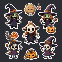 Cute Halloween Witch and Pumpkin Stickers with Cartoon Characters and Spooky Elements on Dark Background