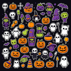 Colorful Halloween Sticker Set Featuring Cute Ghosts, Pumpkins, Witches, and Cats on a Black Background