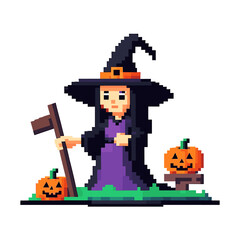 Pixel Art Witch with Pumpkins and Hat in Halloween Theme, Retro 8-Bit Style Illustration for Seasonal and Festive Designs