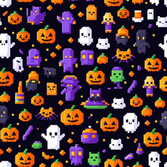 Colorful Pixel Art Halloween Pattern with Pumpkins, Ghosts, and Monsters on a Dark Background