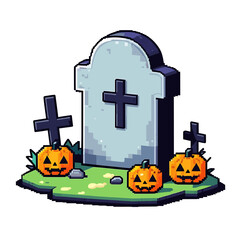 Spooky Pixel Art Tombstone with Pumpkins and Crosses for Halloween-Themed Designs and Decorations