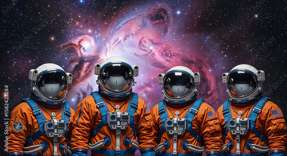 Wall mural four astronauts stand in front of a colorful nebula