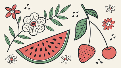A vibrant illustration featuring a slice of watermelon, strawberry, and cherries surrounded by delicate flowers and leaves.