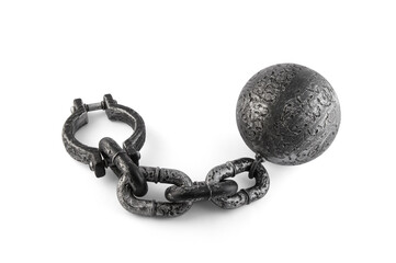Old heavy iron ball with chain and shackle on white background with clipping path