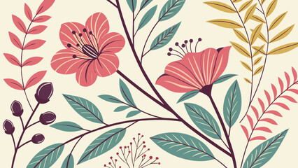 A vibrant floral pattern featuring pink and teal flowers with delicate leaves and branches.