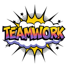 "Teamwork" comic book style graphic with vibrant colors and pop art, isolated vector image on transparent background  
