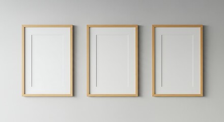 Three empty light wooden picture frames on a light gray wall.